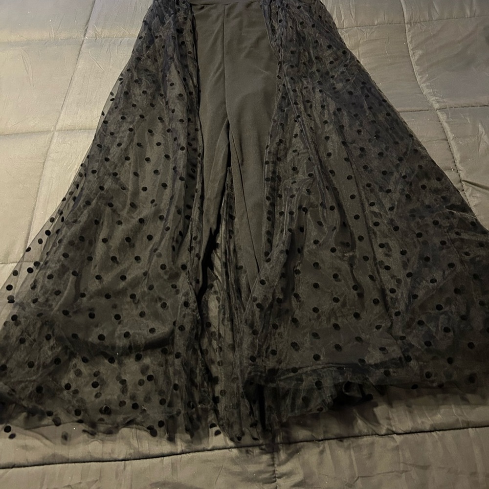 Chic Black Sleeveless Jumsuit with with Sheer Polka Dot Overlay